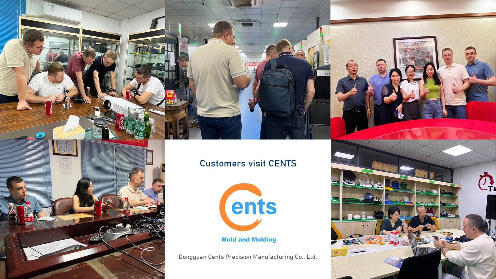Customers from Europe and North America visiting the CENTS mold factory in Dongguan: meetings, machine shop tour and T1 sample review
