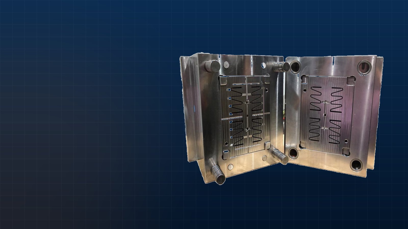 Polished injection mold plates with zigzag cooling channels before assembly