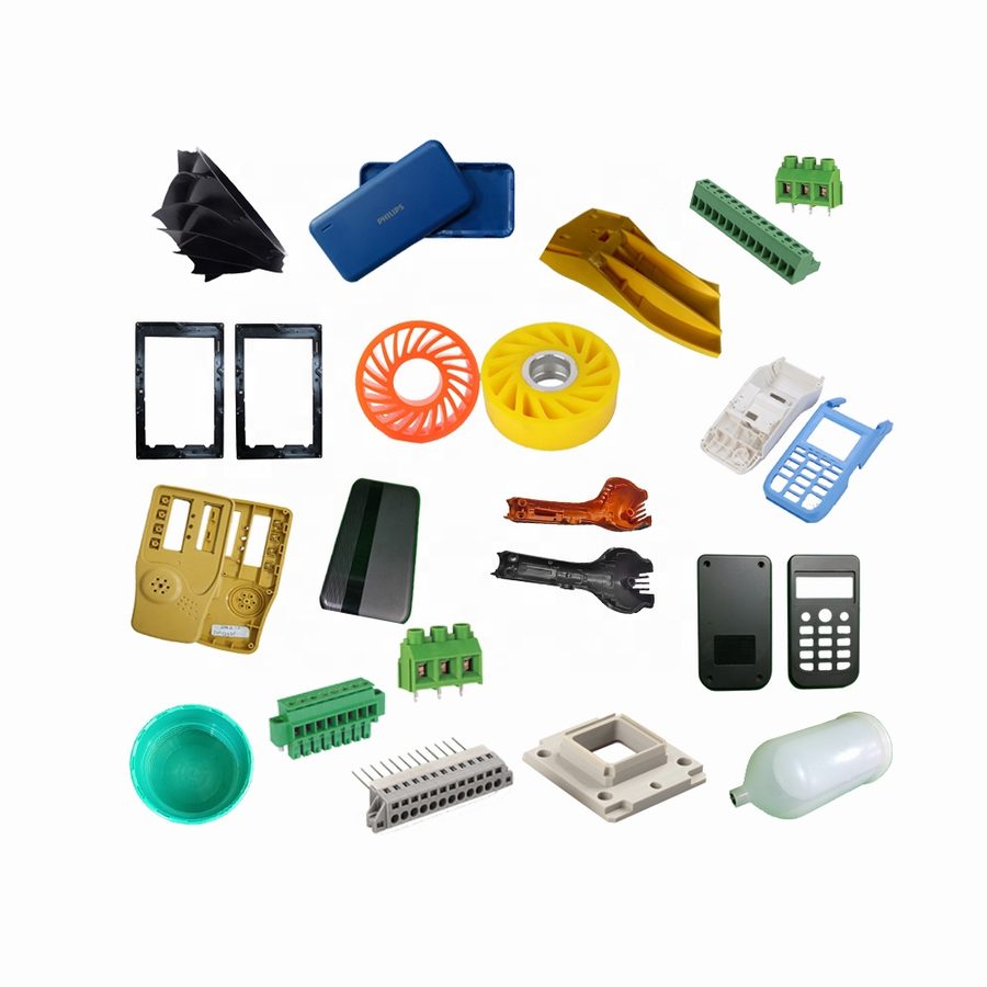 Assortment of small precision moulded plastic parts in different colours and materials