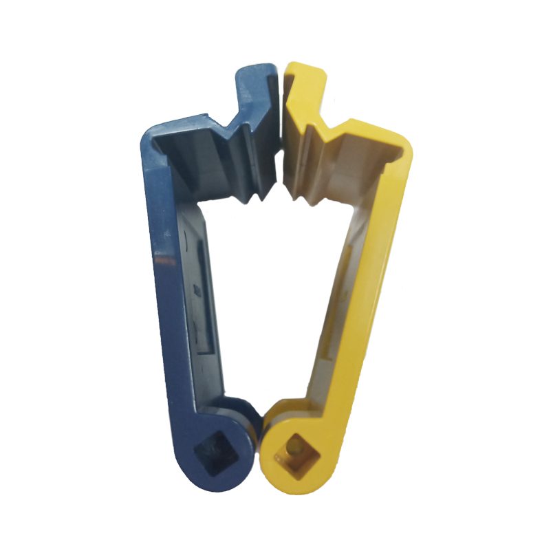 Yellow and dark blue moulded automotive plastic components assembled together