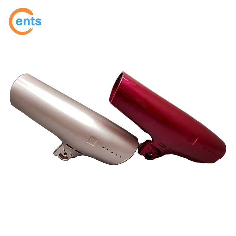 Two molded hair dryer housings, one in metallic silver and one in dark red