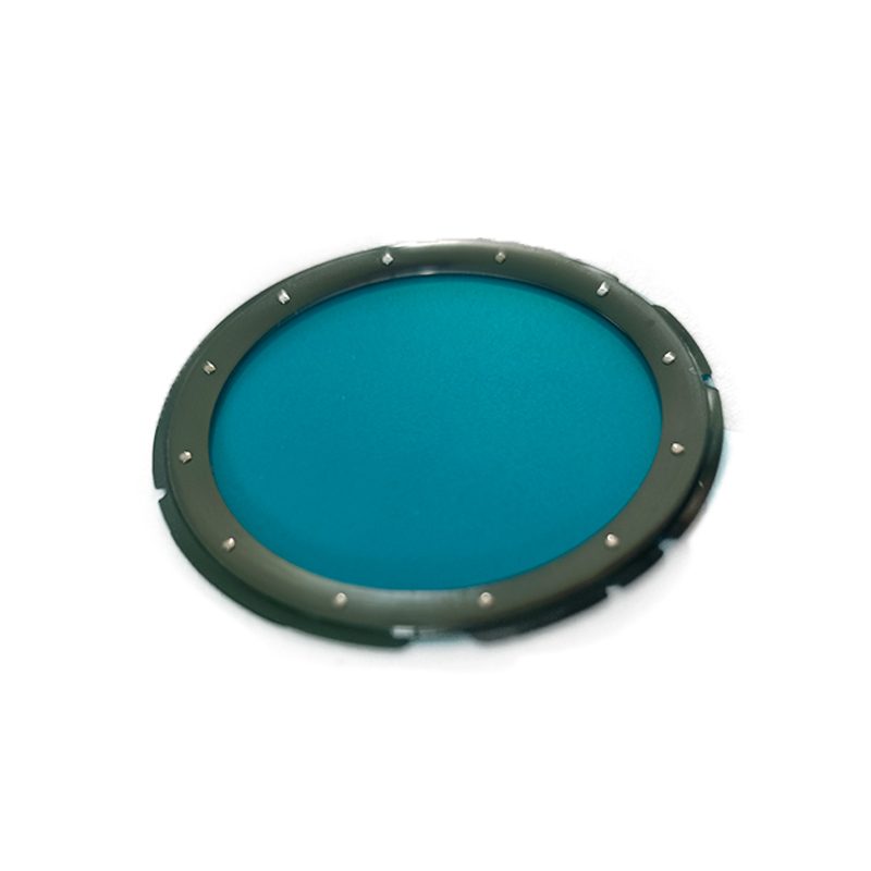 Curved molded bezel with gradient in-mold decoration in green and blue tones