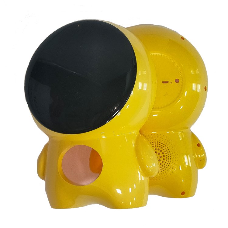 Molded yellow plastic device housing shell with a screen aperture and speaker detail