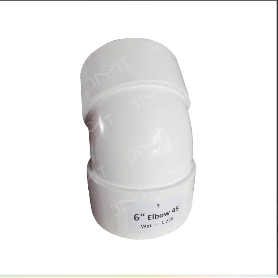 White molded PVC 45 degree pipe elbow fitting marked 6 inch elbow 45