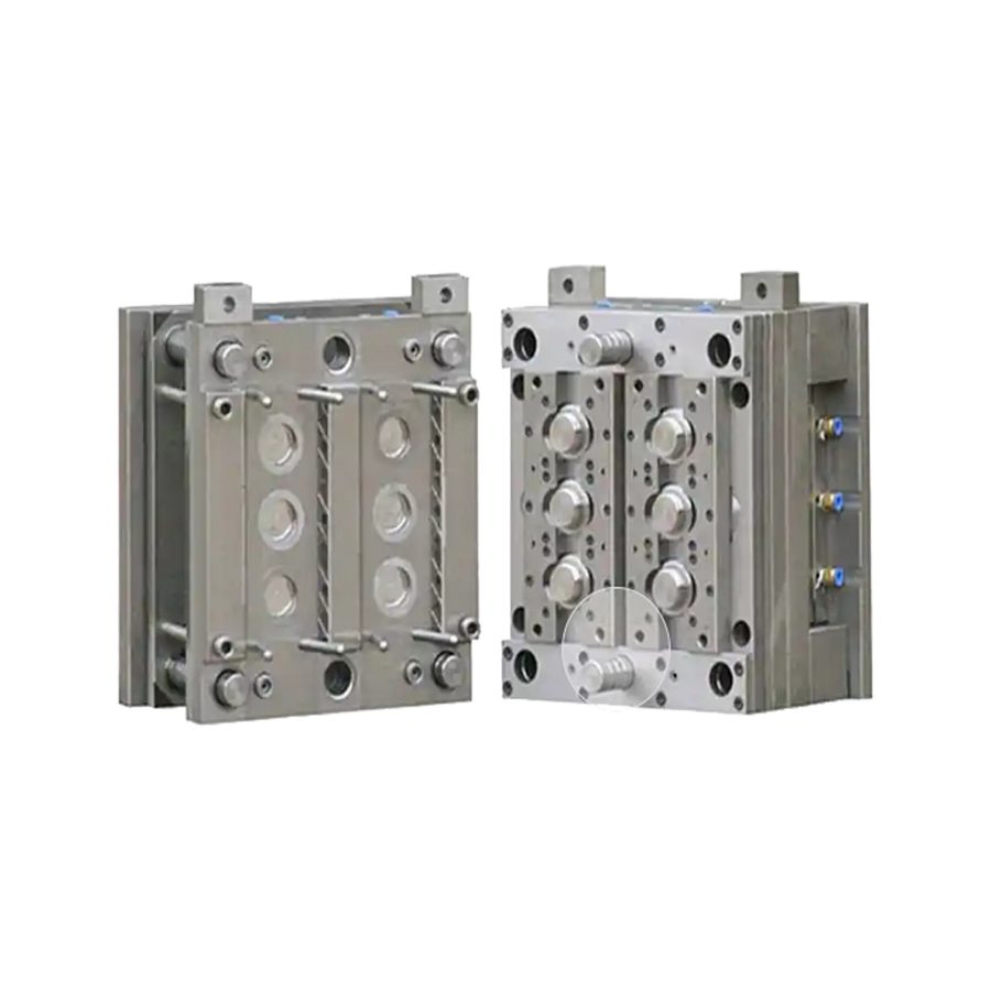 Multi-insert injection mold with several rectangular cavity inserts in a machined frame