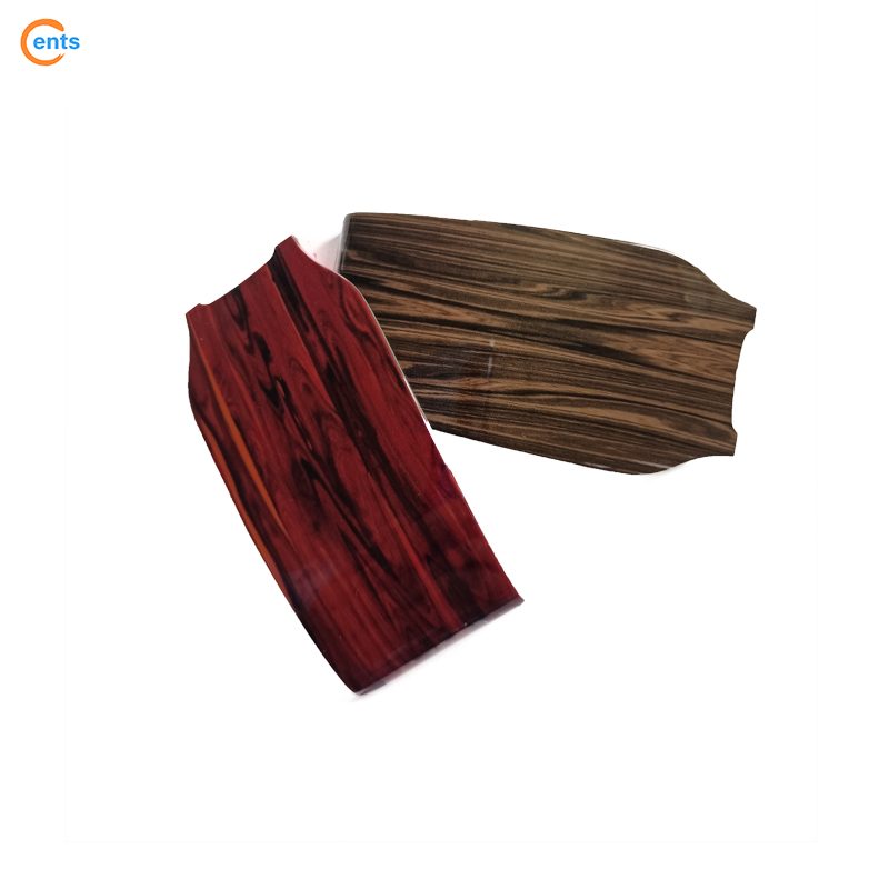 Two moulded plastic parts with a detailed wood-grain surface effect